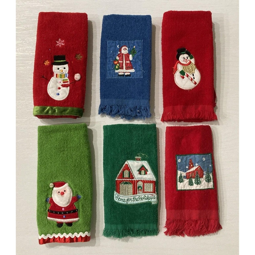 6 Christmas Finger Towel Set Embroidered Applique Holiday Winter Home Vintage